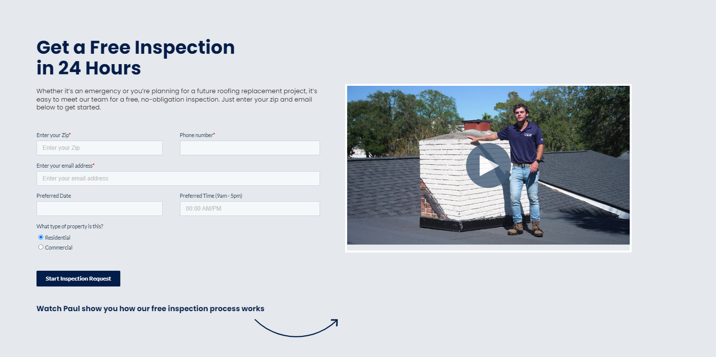 Free inspection form roofing landing page